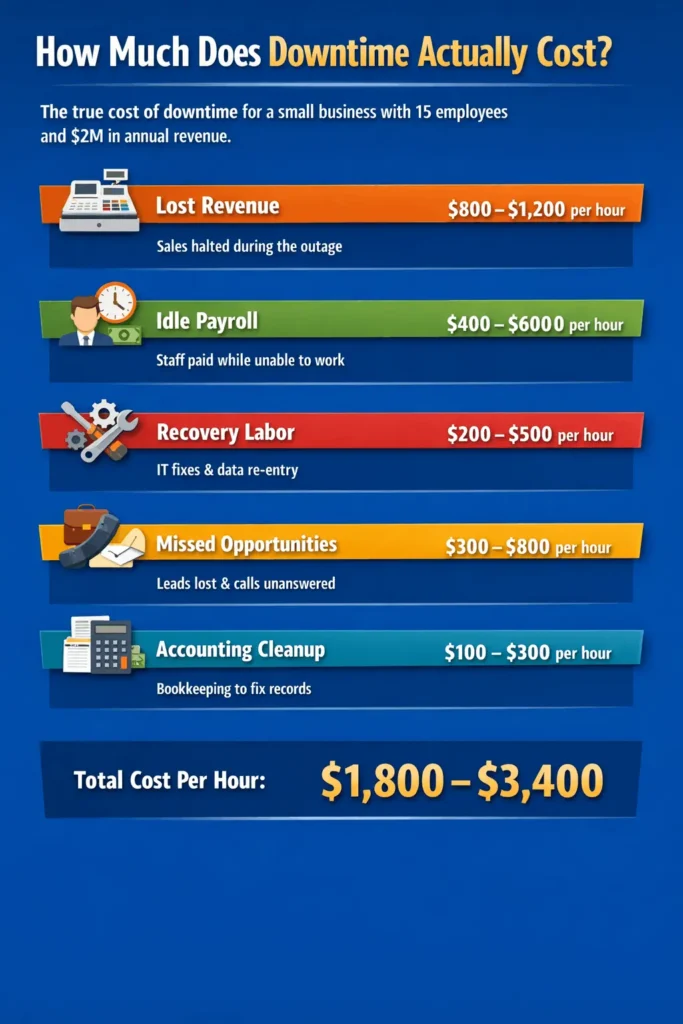 business downtime cost per hour infographic showing lost revenue, payroll, recovery labor, missed opportunities and accounting cleanup costs