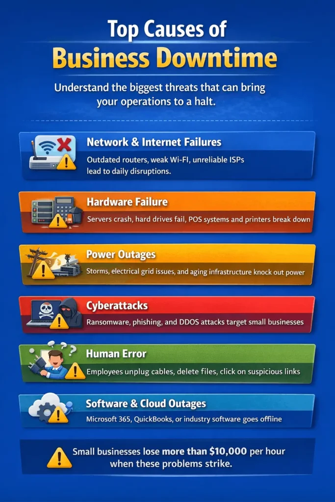 Top causes of business downtime infographic including network failures, hardware issues, cyberattacks, power outages and human error